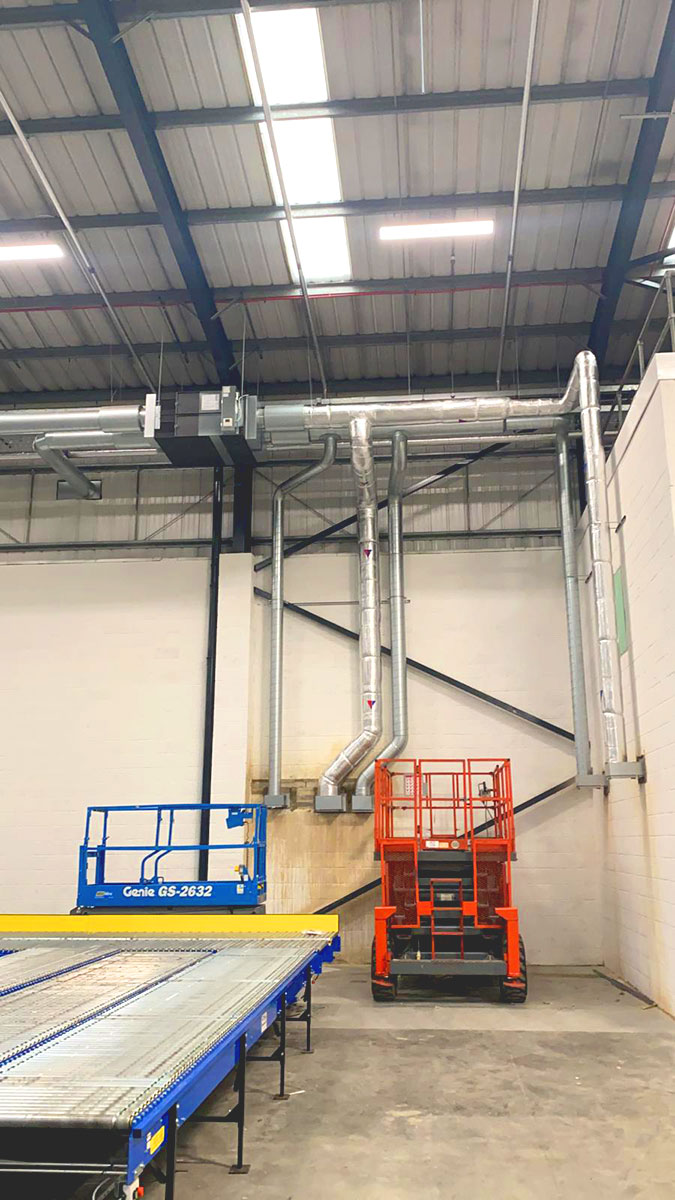 Warehouse cooling and ventilation ductwork in an Amazon fulfilment centre.